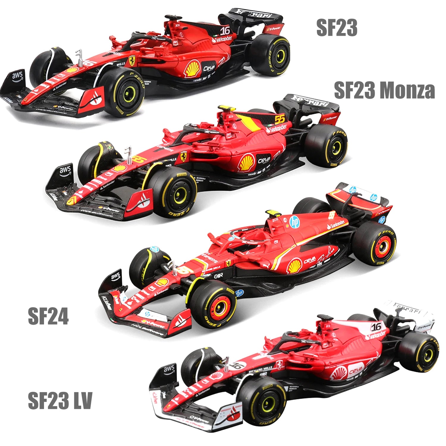 1:43  Die Casting F1 Ferrari SF23 SF24 # 16 # 55 Bburago Model Car Toy Collection First order equation Las Vegas 16 SF23 Monza 55