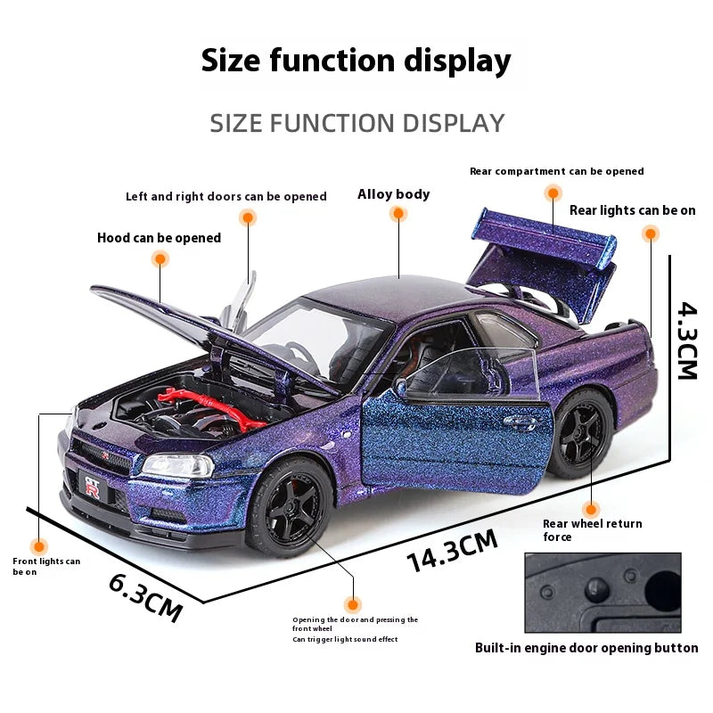 1:32 Die Cast GTR R34 Skyline Street Car Version Supercar Die Casting Alloy Model Metal Car Sound Light Pull Back Mini GT